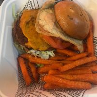 Vegan burger with vegan egg at Golden Road Brewing - DTLA in Los Angeles