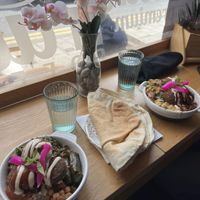 Mezzeplate with bread  at Hummus in Edinburgh