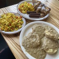 Vegan Union-Pacific Style French Toast, a side of Tofu Scramble, and an order of Vegan Biscuits & Gravyy  at Railroad Bill's Dining Car in Des Moines
