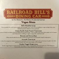 Vegan menu- order at the counter   at Railroad Bill's Dining Car in Des Moines