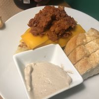 Tortilla de patatas con chorizo, queso y alioli vegano  at Cafe Madrigal in Valencia