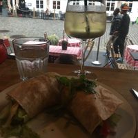 Veggie wrap, and pear cider.   at Pygmalion in Bergen