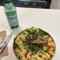Make your own, bbq jackfruit + tofu, base of white rice + spinach, wakame, pineapple, avocado, cucumber, pomegranate, corn, coriander, sesame seeds, sesame dressing, and siracha. at Akaka Poke in Dublin