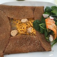Vegan buckwheat crepe with tofu sausage and vegan cheese at Maria Limão in Lisbon