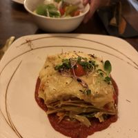 Lasagna - did not have tomato, ‘meat’ or cheese sauce between layers, just roasted veggies, this option could definitely be improvedd  at La Caverna in Dublin