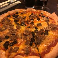 Vegan pizza with “ham”, mushroom and olives at La Caverna in Dublin