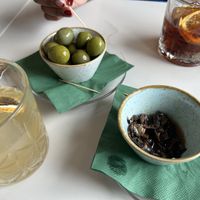 Nibbles - olives and pickled mushrooms  at Twelve Eatery in Bournemouth