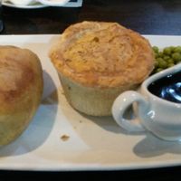 Fake steak pie, jacket potato, peas and gravy at The Oasis in Sunderland