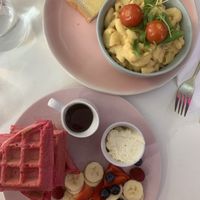 Pink waffles and Mac and cheese  at Naked Bakery in Edinburgh