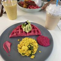 Rose moon Waffle, waffle w/ chiken & bakon, Biscoff mylkshake and Mango/fruit smoothie at Naked Bakery in Edinburgh