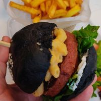 Mac cheese burger and fries at Naked Bakery in Edinburgh