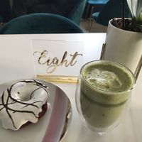 Red velvet donut with a matcha latte! Their baked goods are to die for  at Naked Bakery in Edinburgh