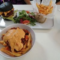 Chilli cheese fries and mac n cheese burger at Naked Bakery in Edinburgh