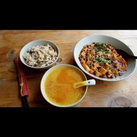 Pumpkin soup, tofu stew and rice at Beijing Vegan Hut in Beijing