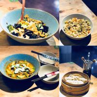 Spicy dry veggie pot, turmeric brown rice, Morocco Stew, and whole wheat dumplings.  at Beijing Vegan Hut in Beijing