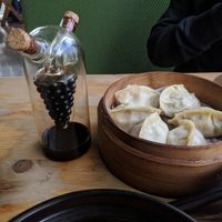 Dumplings and awesome soy/vinegar dispenser! at Beijing Vegan Hut in Beijing
