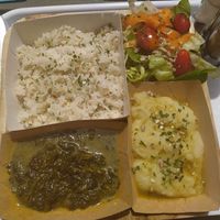 Plat du jour: spinach curry, rice, small salad, purée at Mon Resto Sans Gluten in Paris