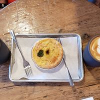 Almond milk flat whites and savory lentil pie at Good Seed Cafe in Solvang