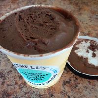 Pint of vegan chocolate cookie butter. Rich chocolate and ground Oreo cookies.  at Mitchell's Ice Cream in Solon