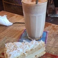 Coconut caramel cake and pb smoothie with oat milk at Kafe in Ubud