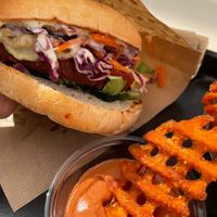 Cheese Burger and Sweet Potato Fries with BBQ Sauce at Swing Kitchen - Rosenthalerstraße in Berlin