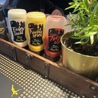 Sauce selection on the table  at Peter Pane - Holstentor in Luebeck