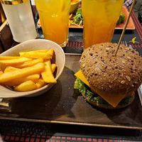 Vegan Burger ("König Knolle") with fries at Peter Pane - Holstentor in Luebeck