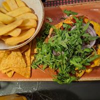 Bunless Burger with fries at Peter Pane - Holstentor in Luebeck