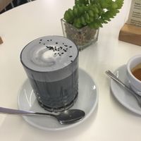 Charcoal latte (not sure if it was soy or oat milk but definitely plant based milk) and espresso at The Visit Coffee Roastery in Berlin