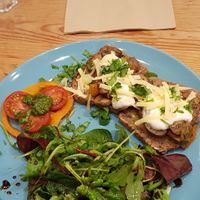 Smorrebrod sandwich with tamari mushrooms and peppers , vegan cheese, pesto and salad at Antiquity Plant-based Cafe @ The Timetravellers Bookshop in Skibbereen
