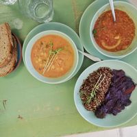 Lentil soup, chickpeas stew, broccoli and mushroom stew with quinoa at Little Plant Pantry in Amsterdam