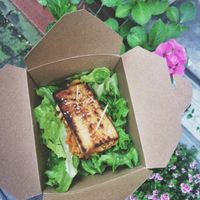 Beautiful and super tasty tofu-kimchi sandwich with salad leafs picked directly from their own little garden.  at Little Plant Pantry in Amsterdam