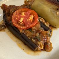 Stuffed eggplant and stuffed pepper  at Oda's Garden in Tirana