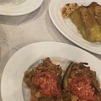 Stuffed eggplant, stuffed pepper, stuffed grape leaves  at Oda's Garden in Tirana