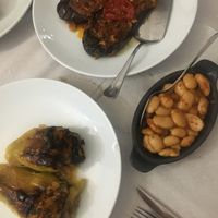 stuffed peppers, stuffed eggplant and beans  at Oda's Garden in Tirana