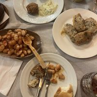 lima beans,  vine leaves filled with rice and rice croquettes (saw in another review maybe the croquetees arent vegan so double check, i forgot to ask)   at Oda's Garden in Tirana
