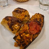 stuffed peppers and stuffed eggplant at Oda's Garden in Tirana