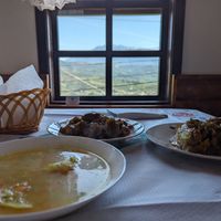 Vegetable soup, okras and stuffed peppers at Temi Albanian Food in Berat