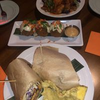 Our 3 favorites: crab cake sandwich, amazeballs, & buffalo cauliflower  at No Bones Beach Club in Chicago