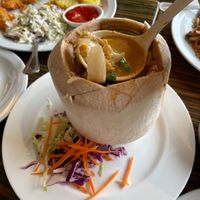 Corn soup on the coconut  at LA Vegan in Los Angeles