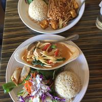 Two lunch sets - mains were pad Thai and tofu and red curry at LA Vegan in Los Angeles