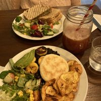 Arepas and avocado tostada. Watermelon juice at Cafuné in Preston