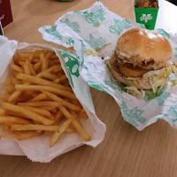 Baconator, large fries, popcorn chicken  (asked for shrimp) at Oowee Vegan - Baldwin in Bristol