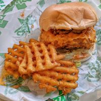 Flamin' Hot Clucker and Waffle Fries at Oowee Vegan - Baldwin in Bristol