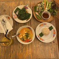 Tofu spring rolls, greens, rice and curry    at Ginger Farm Kitchen in Chiang Mai