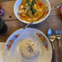 Red curry with pumpkin, tofu and brown rice  at Ginger Farm Kitchen in Chiang Mai