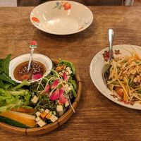 ginger iced coffee (mai wan), fresh spring rolls and papapa salad at Ginger Farm Kitchen in Chiang Mai