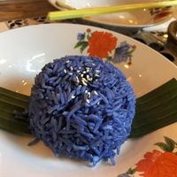 Rice with Butterfly Pea flower! Beautiful and natural blue purple color.  at Ginger Farm Kitchen in Chiang Mai