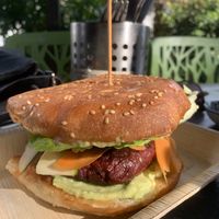 Sweets and beets burger with a sweet potato, beetroot and lentil homemade Pattie.   at Cafe Invigor8 in Yandina