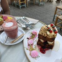 French toast and avocado toast bagel (with salmon) in the back  at Brunch and Cake By The Sea in Barcelona
